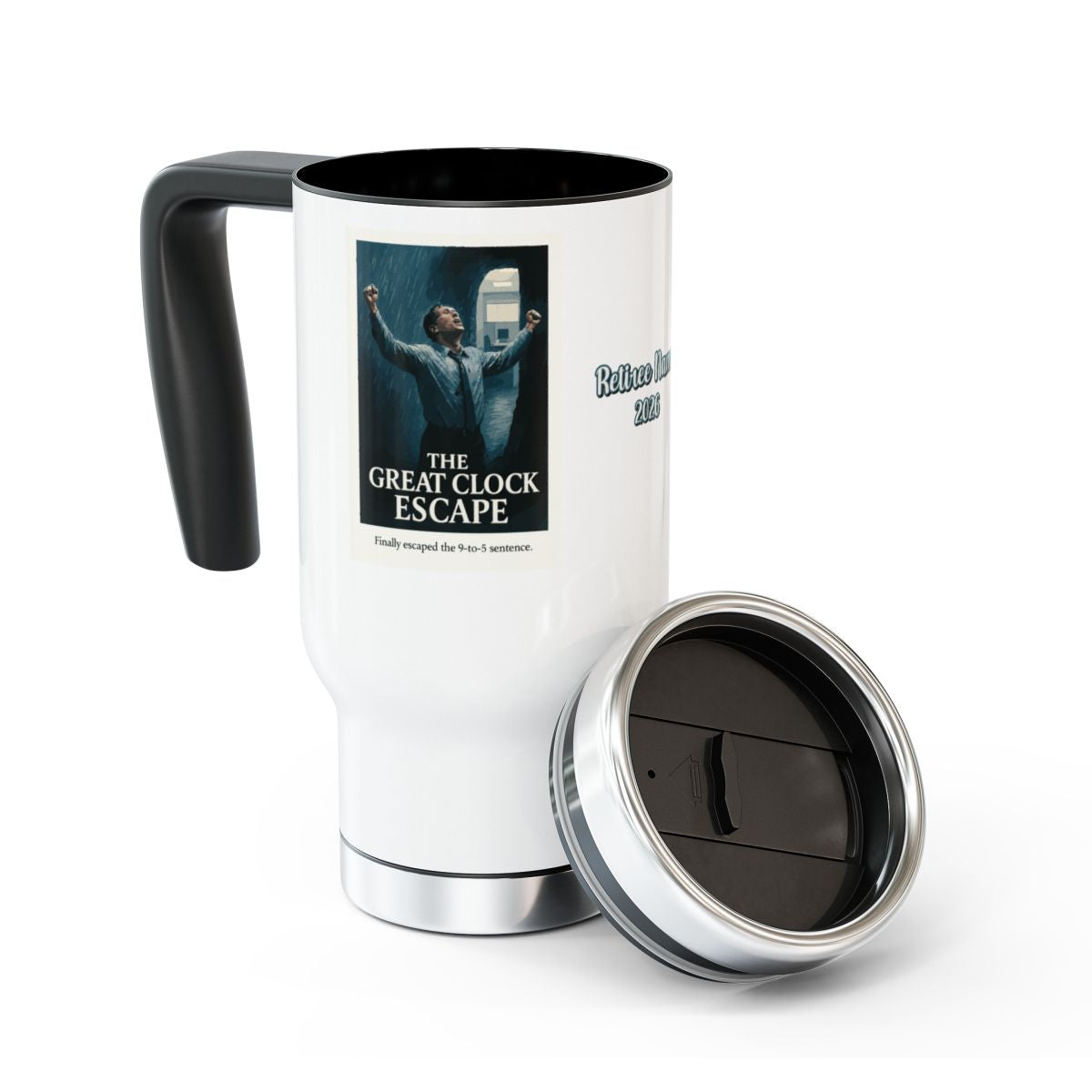 The Great Clock Escape Finally Escaped | the 9 to 5 sentence | 14oz Travel Mug Tumblers - Retiree Gifts Retirement Party
