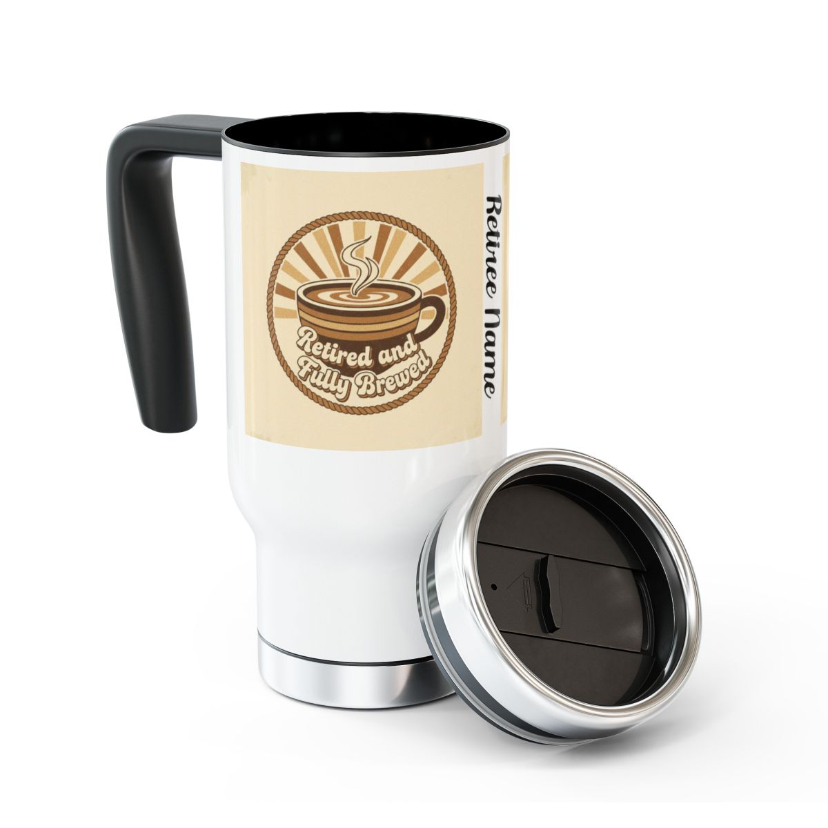 Retiree name design on travel mug perfect for retirees