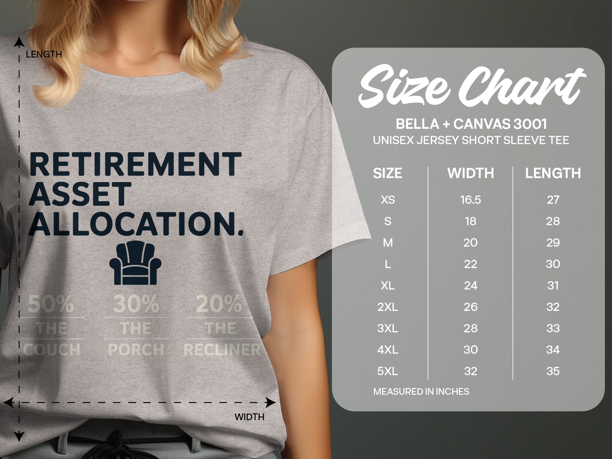 Retirement Asset Allocation 50% Couch 30% Porch | Relax | Graphic Soft Color Bella T-Shirts - Retiree Gifts Retirement Party