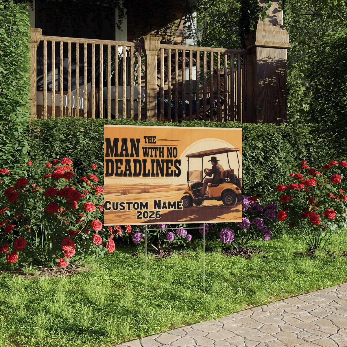 The Man With No Deadlines Golf Cart Desert Adventure Vinyl Banner or Yard Sign - Retiree Gifts Retirement Party