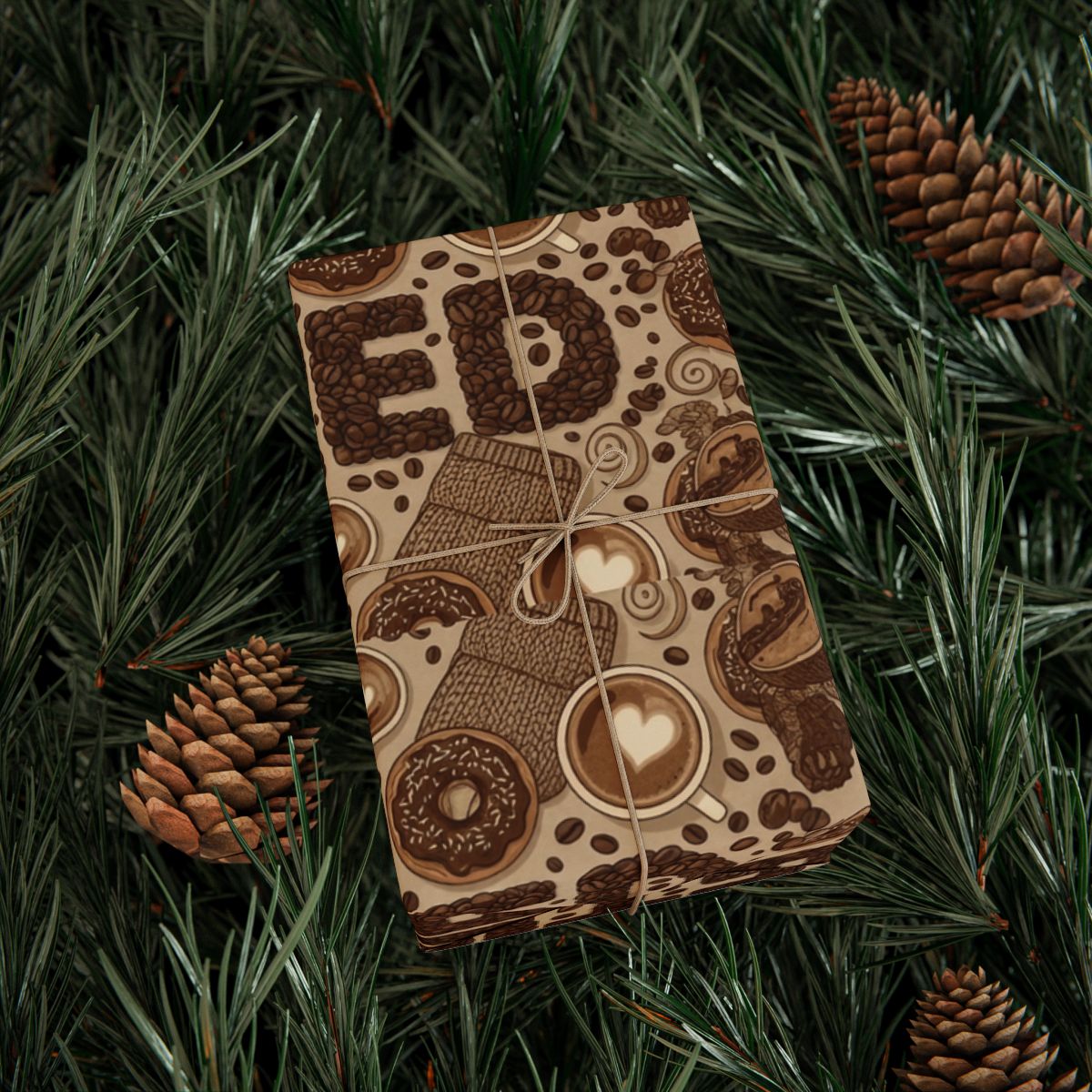 Coffee Donuts Hearts Gift Wrap with Pine Cones Design
