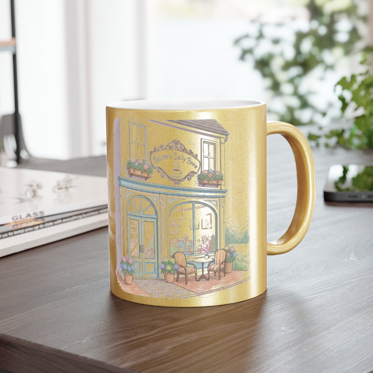 Charming Village Cafe Scene Yellow Coffee Mug