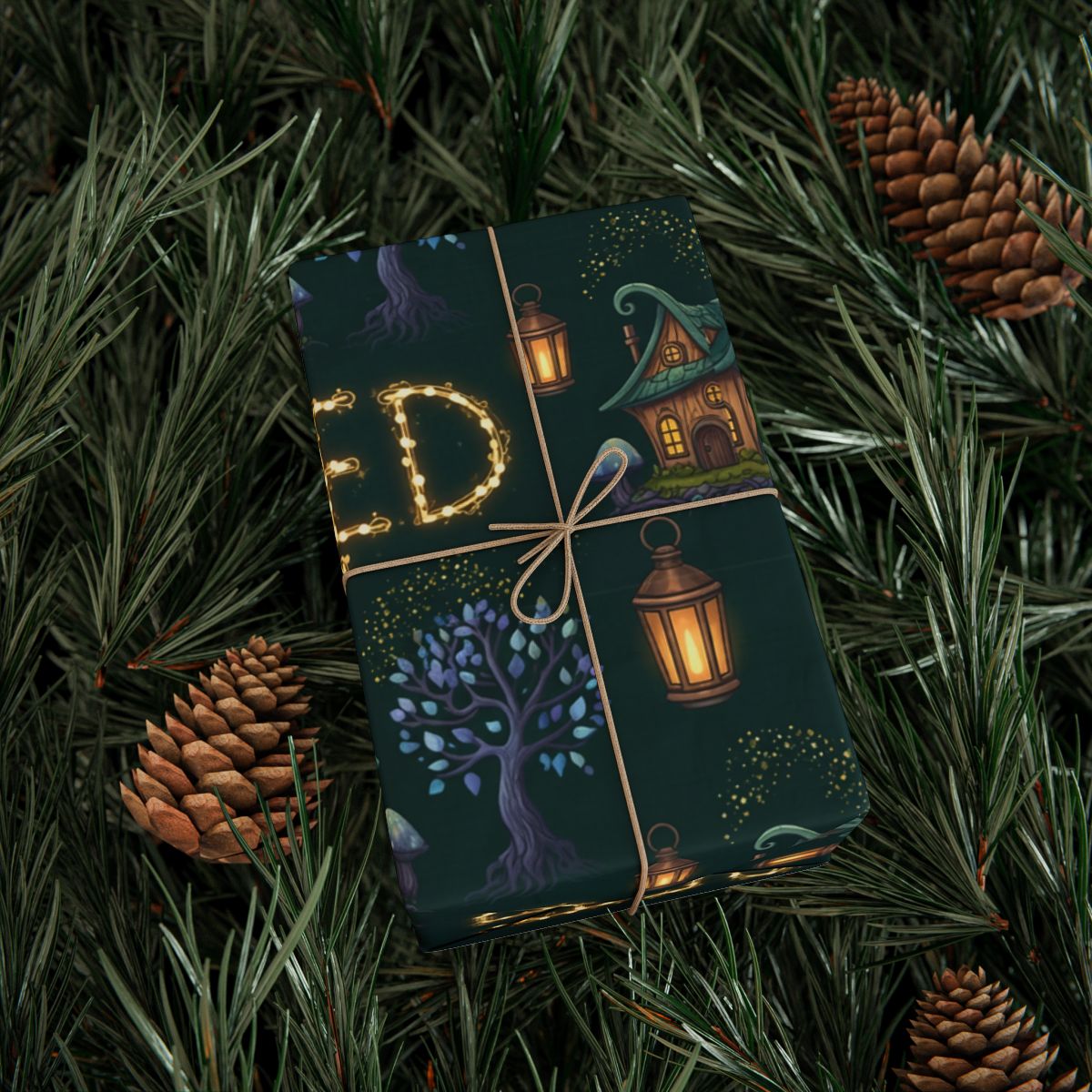 Festive lantern and pinecone holiday wrapping paper