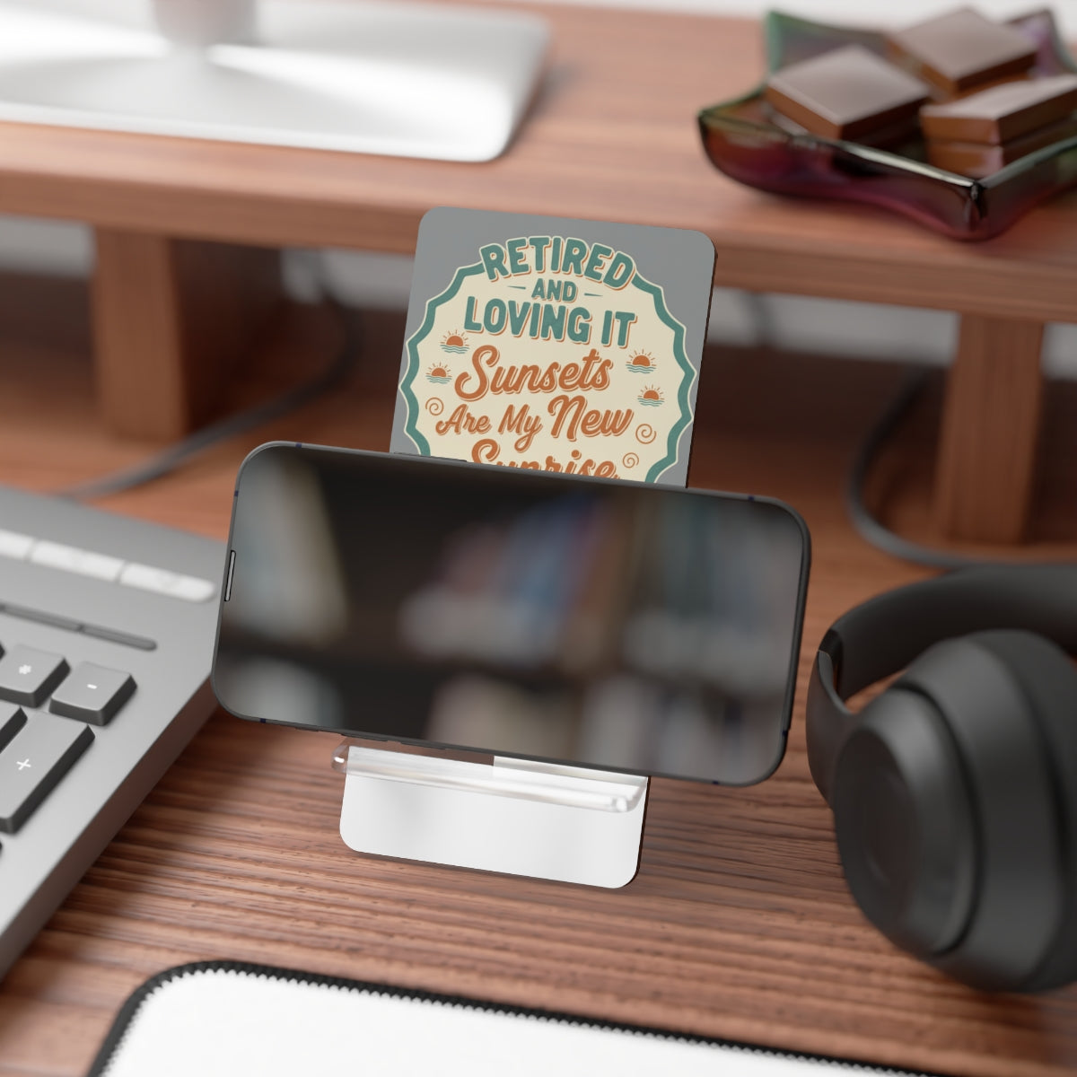 Retired And Loving It Sunsets Are My New Sunrise | Gift | Personalized Retirement Scene Graphic Phone Stand or Phone Charger - Retiree Gifts Retirement Party
