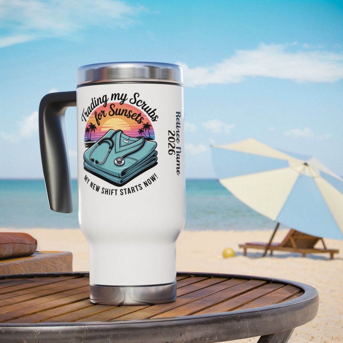 Personalized Retirement Travel Mug (Tumbler) – “Trading My Scrubs For Sunset Retiree” - Retiree Gifts Retirement Party
