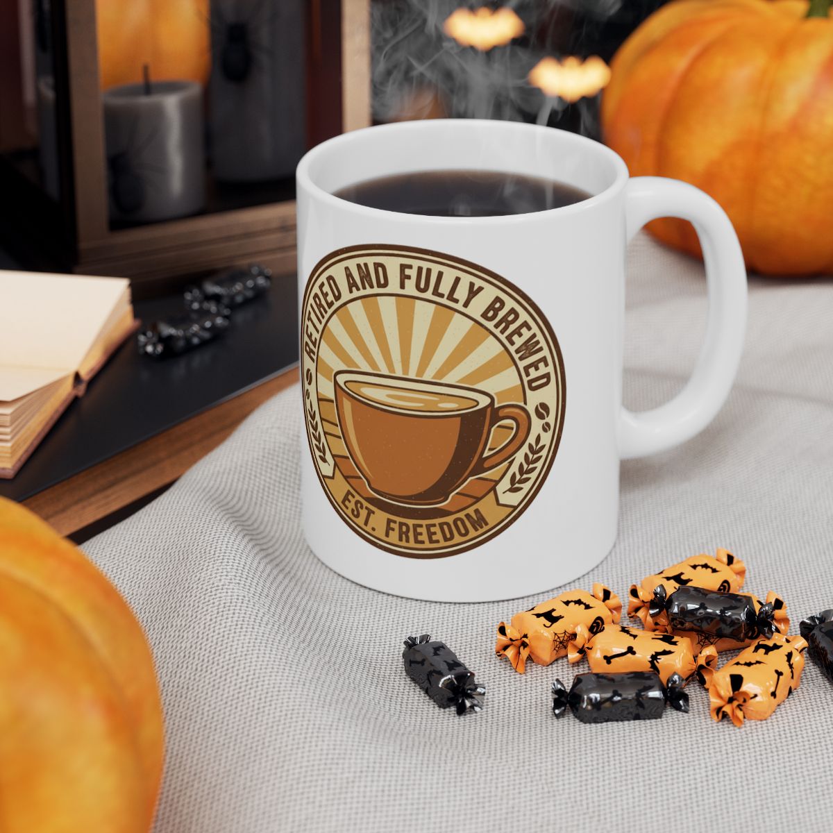 Retired and Fully Brewed Coffee Mug with Pumpkin Decor