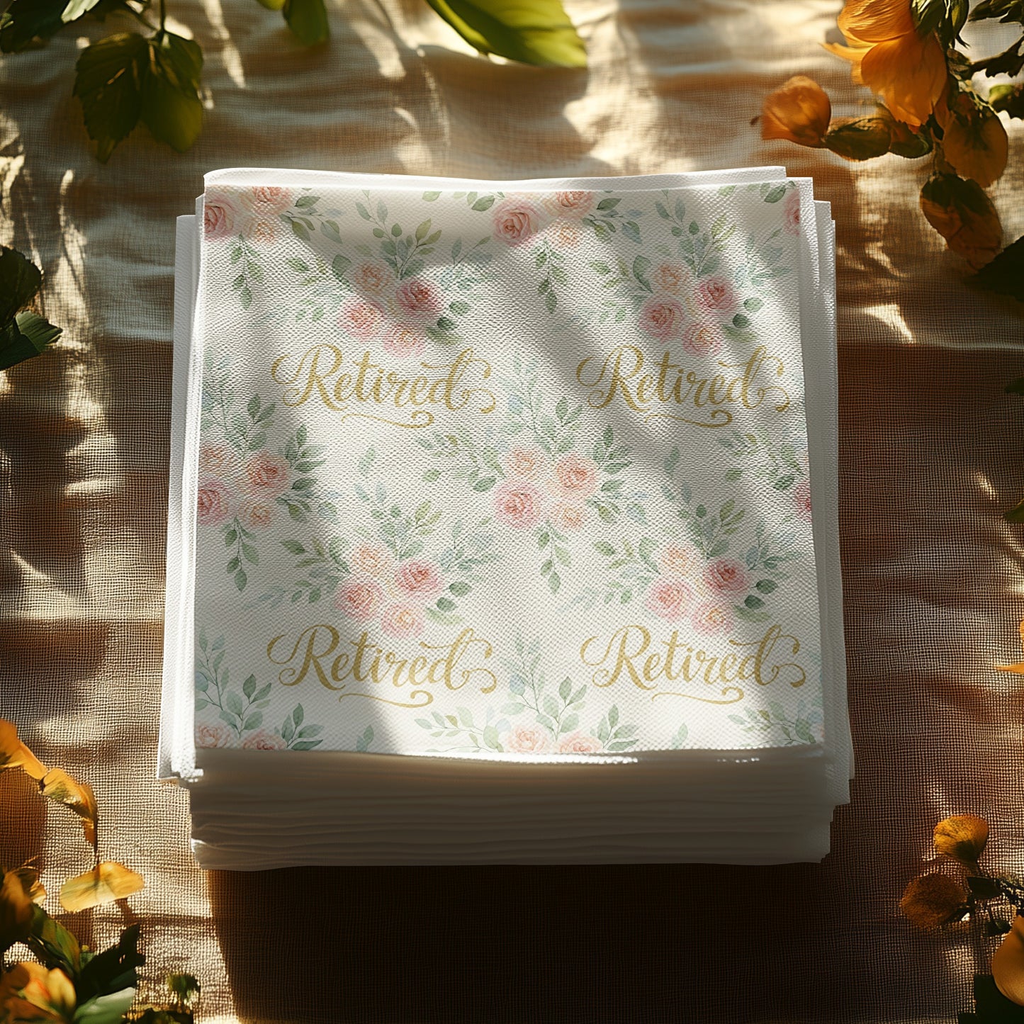Celebrate with Retired Themed Floral Design Napkin