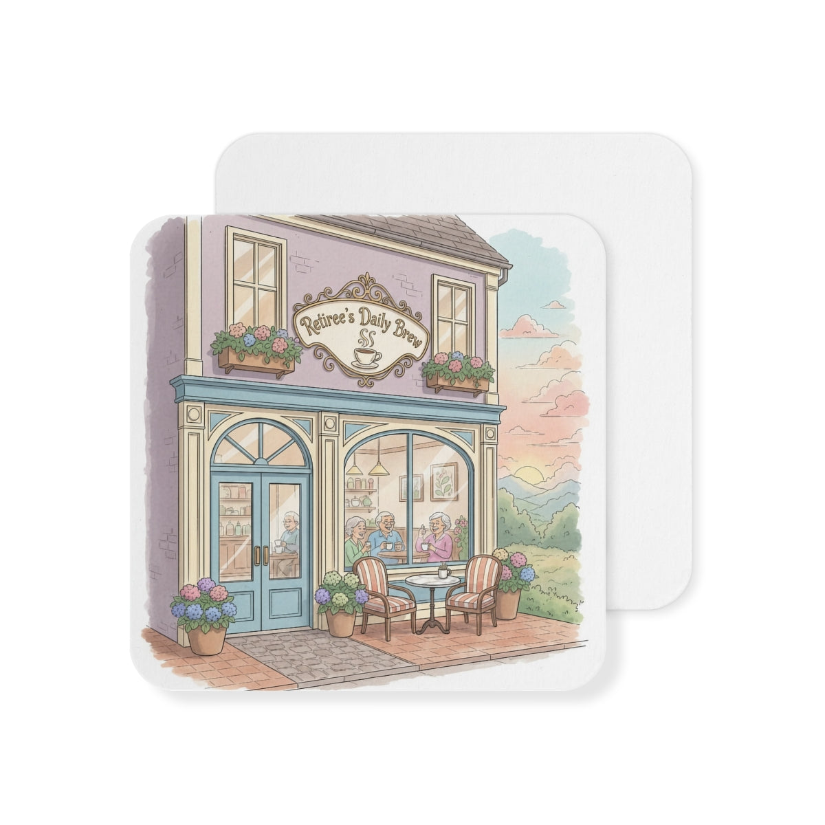 Retiree's Daily Brew Shop Illustration Coaster Set