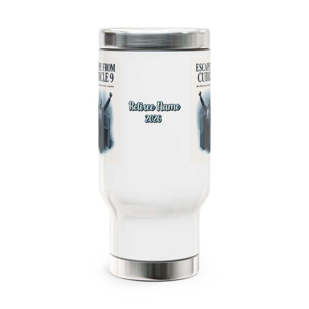ESCAPE FROM CUBICLE 9 After 50 Years on Pension | 14oz Travel Mug Tumblers - Retiree Gifts Retirement Party