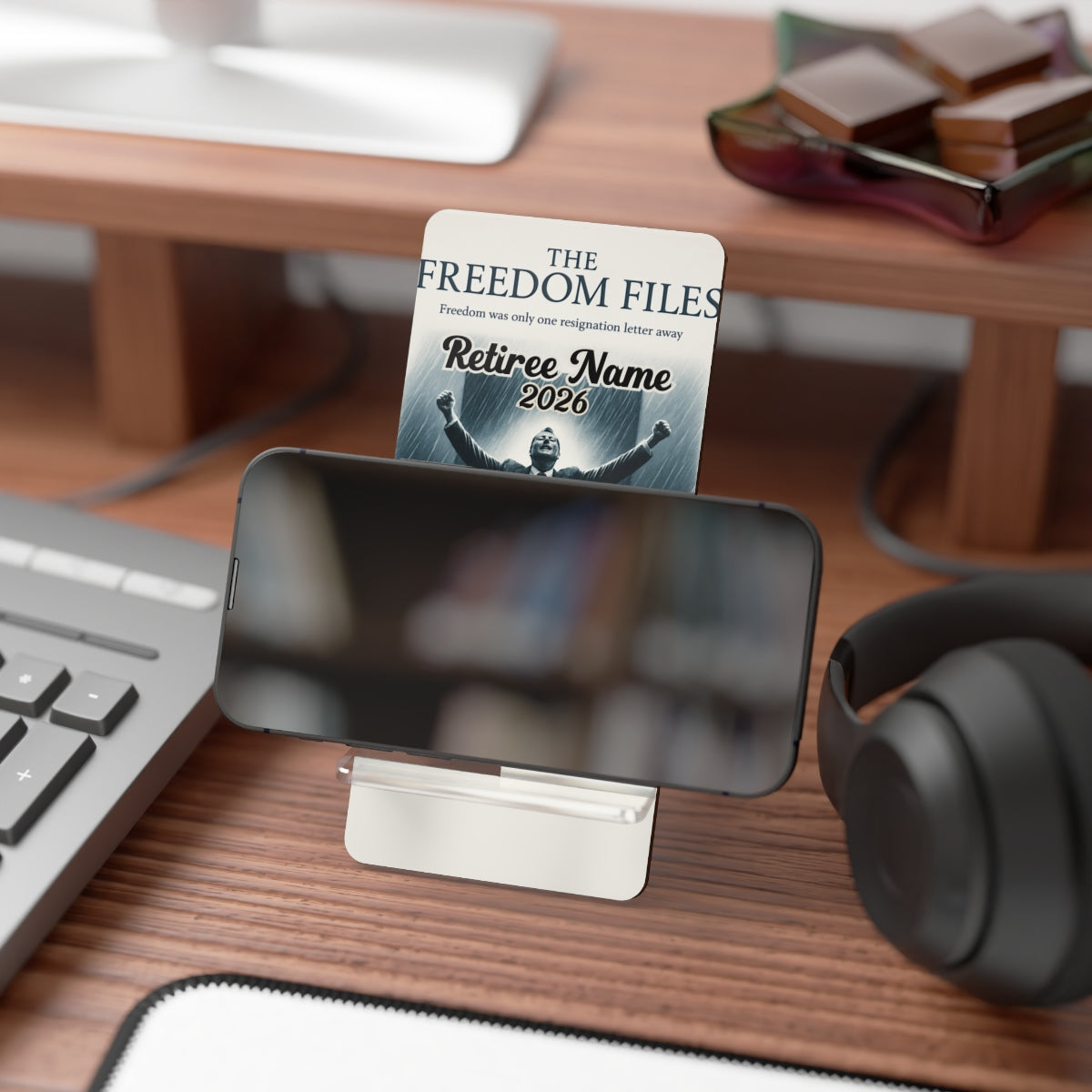 The Freedom Files | Freedom was Only Resignation Away | Personalized Mobile Phone Display Stand - Retiree Gifts Retirement Party