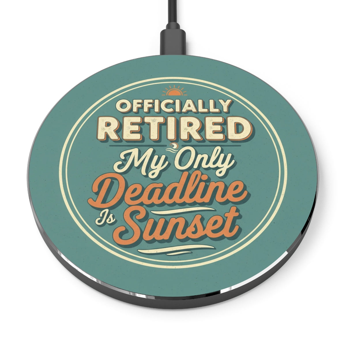 Officially Retired My Only Deadline Is Sunset | Funny Retirement Tagline | Personalized Phone Stand or Phone Charger - Retiree Gifts Retirement Party
