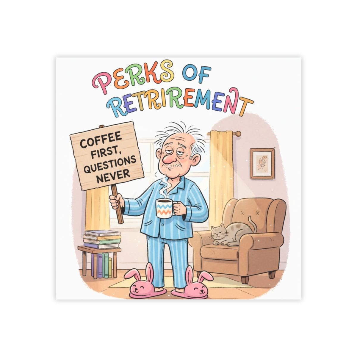 Perks of Retirement Coffee First Questions Never Poster