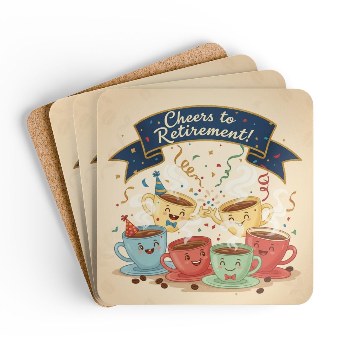 Cheerful Coffee Mugs Retirement Celebration Coasters