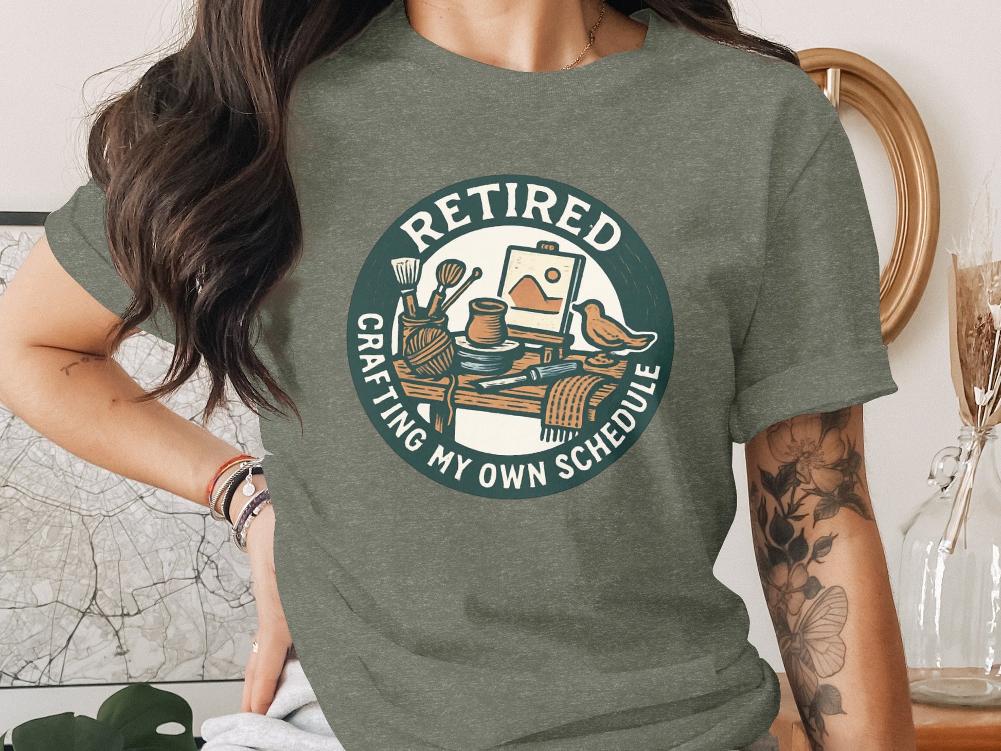 Retired Crafting My Own Schedule | Dark Heather Color Bella T-Shirts - Retiree Gifts Retirement Party