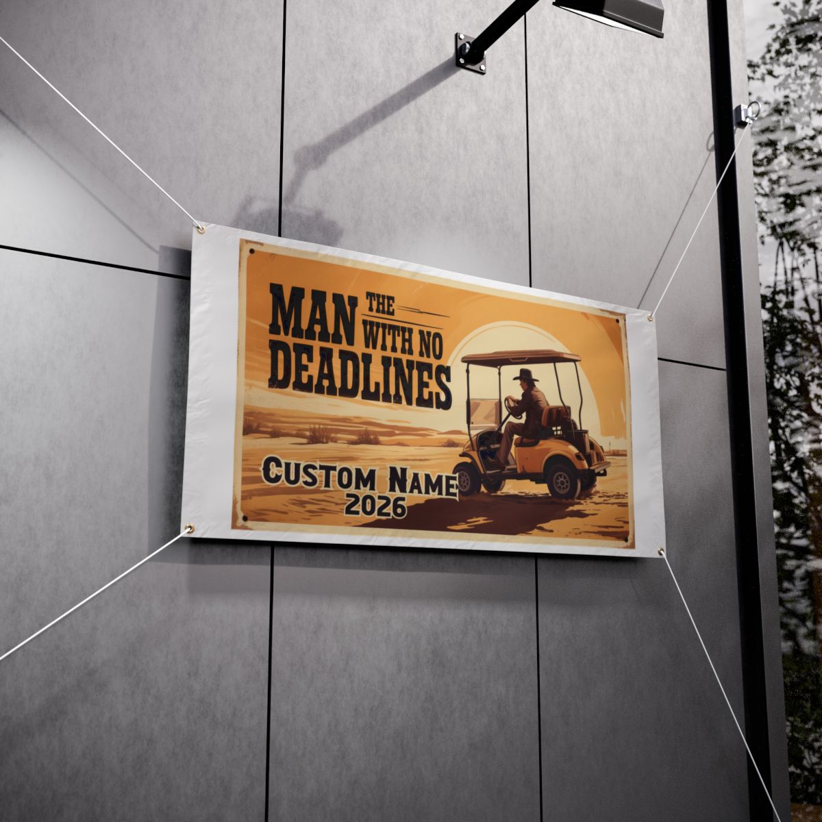 The Man With No Deadlines Golf Cart Desert Adventure Vinyl Banner or Yard Sign - Retiree Gifts Retirement Party