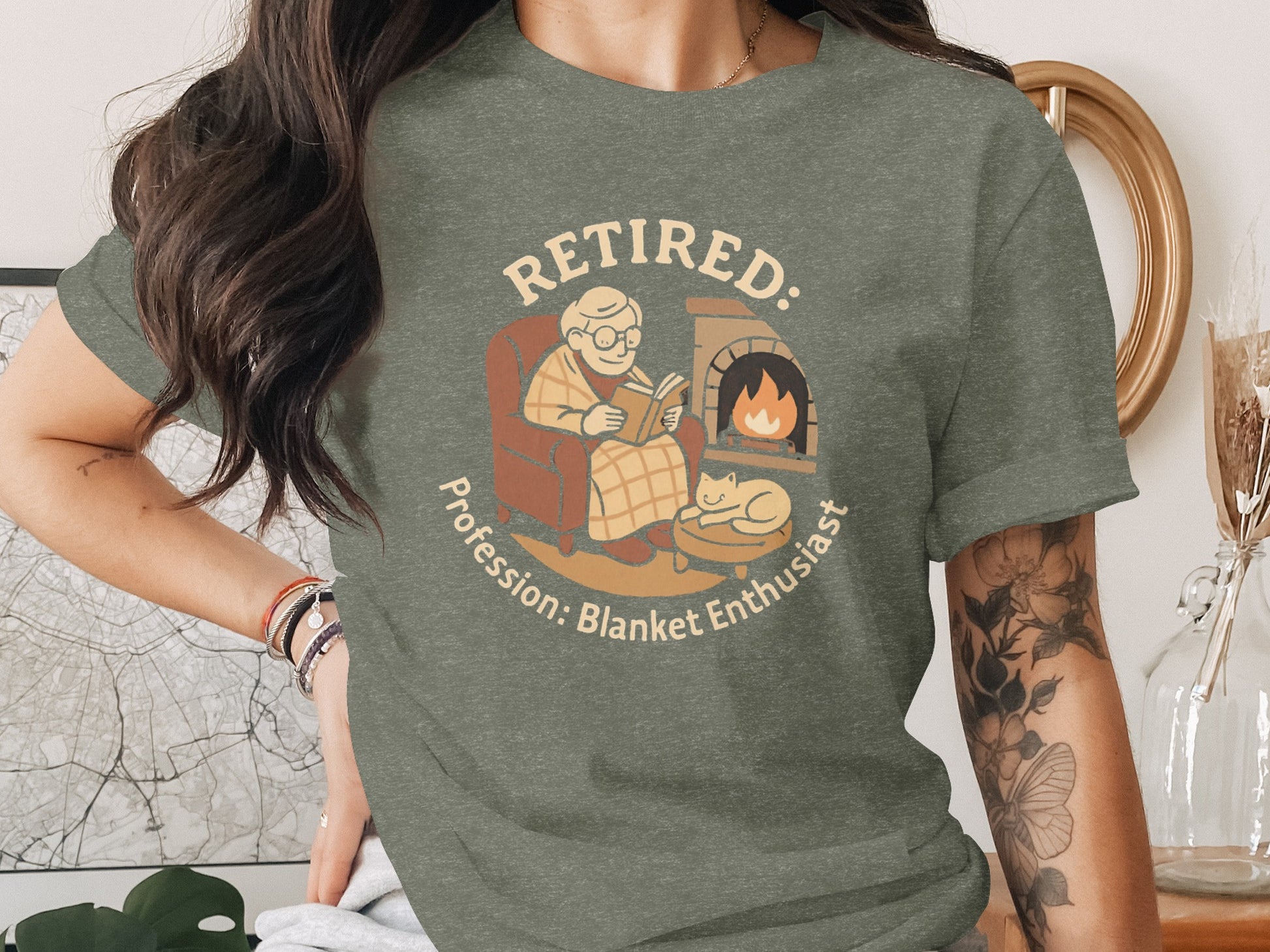 Retired: Profession: Blanket Enthusiast | Cozy Graphic | Dark Heaterh Color Bella T-Shirts - Retiree Gifts Retirement Party