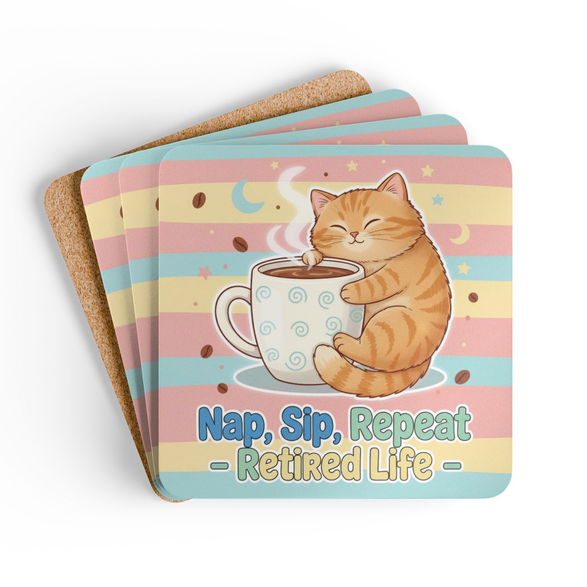 Cat Holding Coffee Nap Sip Repeat Retired Life Coaster