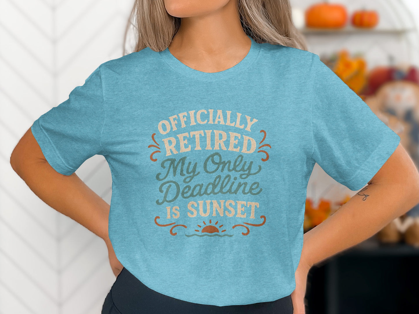 Officially Retired Deadline Sunset | Retirement Gifts | Soft Color Bella T-Shirts - Retiree Gifts Retirement Party