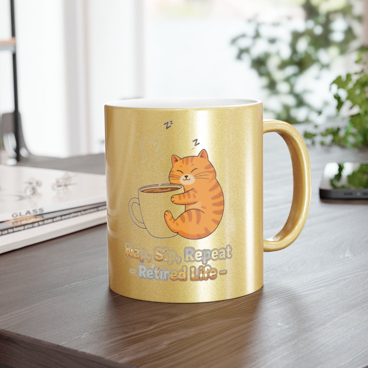 Cute Cat Relaxing with Coffee Mug Design Retired Life