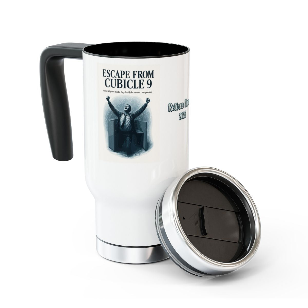 ESCAPE FROM CUBICLE 9 After 50 Years on Pension | 14oz Travel Mug Tumblers - Retiree Gifts Retirement Party