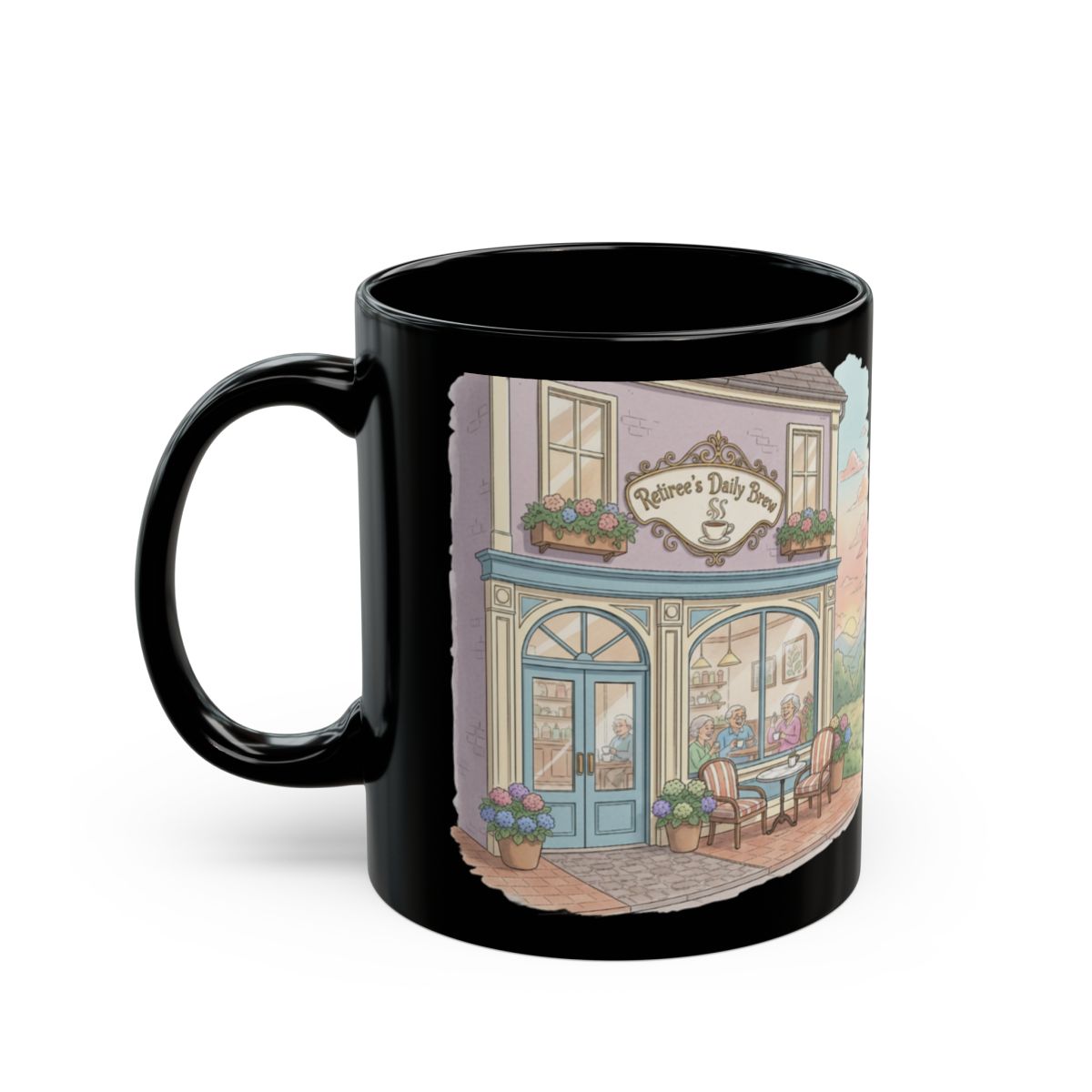 Charming Café Scene Black Ceramic Mug
