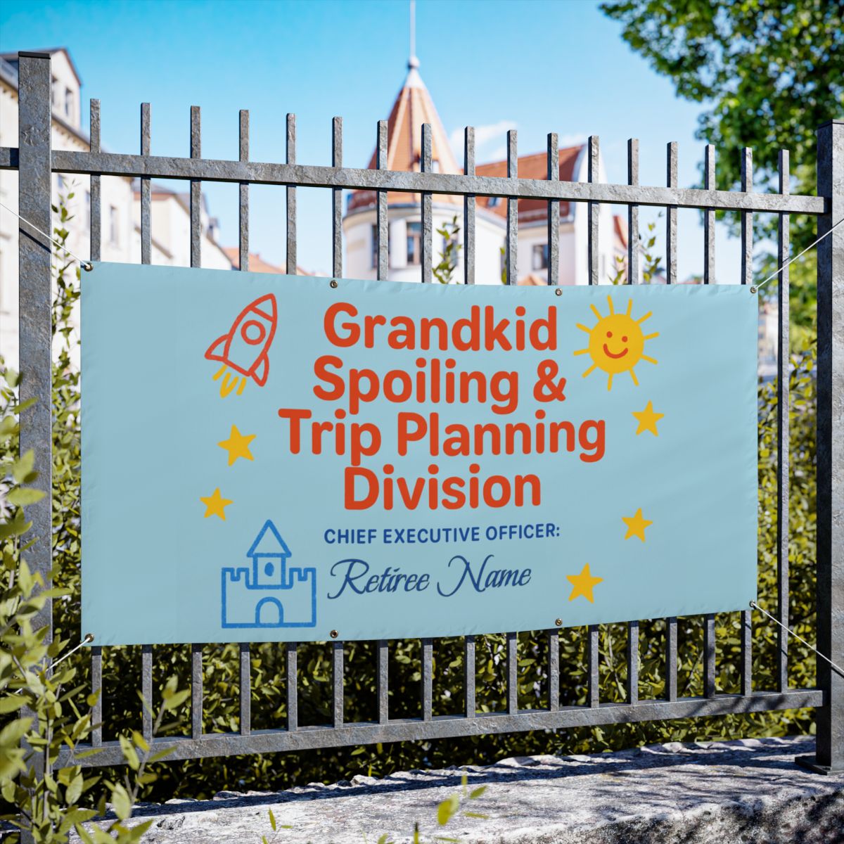 Grandkid Spoiling Trip Planning Retiree Name Large Vinyl Banner or Yard Sign - Retiree Gifts Retirement Party