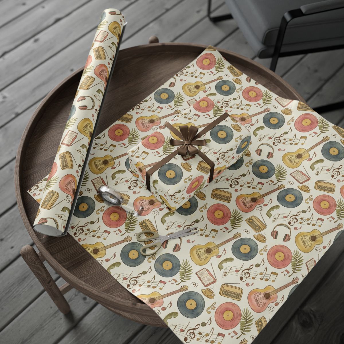 Vintage Themed Vinyl Record and Guitar Design Gift Wrap