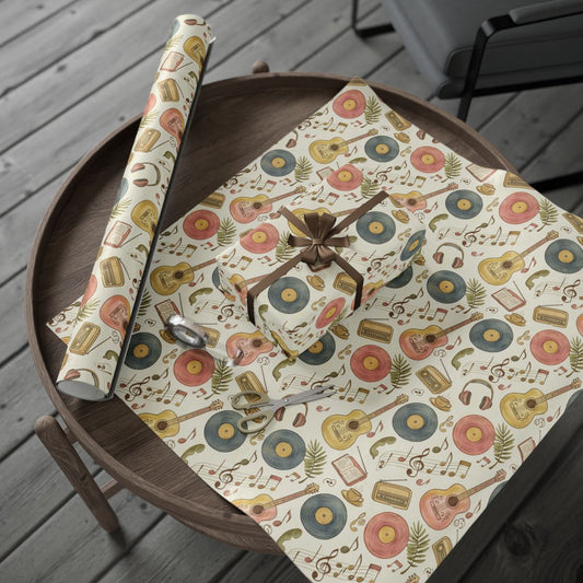 Vintage Themed Vinyl Record and Guitar Design Gift Wrap