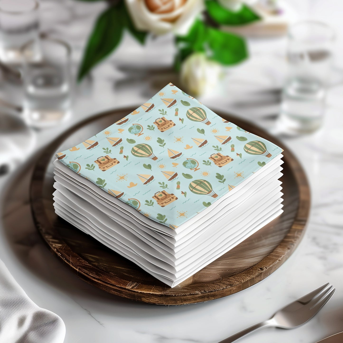 Whimsical Hot Air Balloon and Travel Theme Paper Napkins