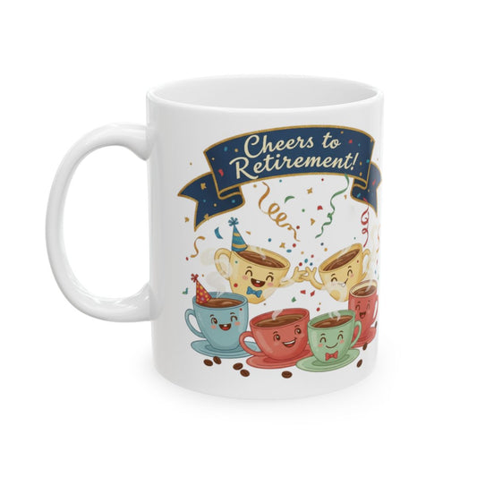 Cheerful Retirement Celebration Mug with Cute Cups