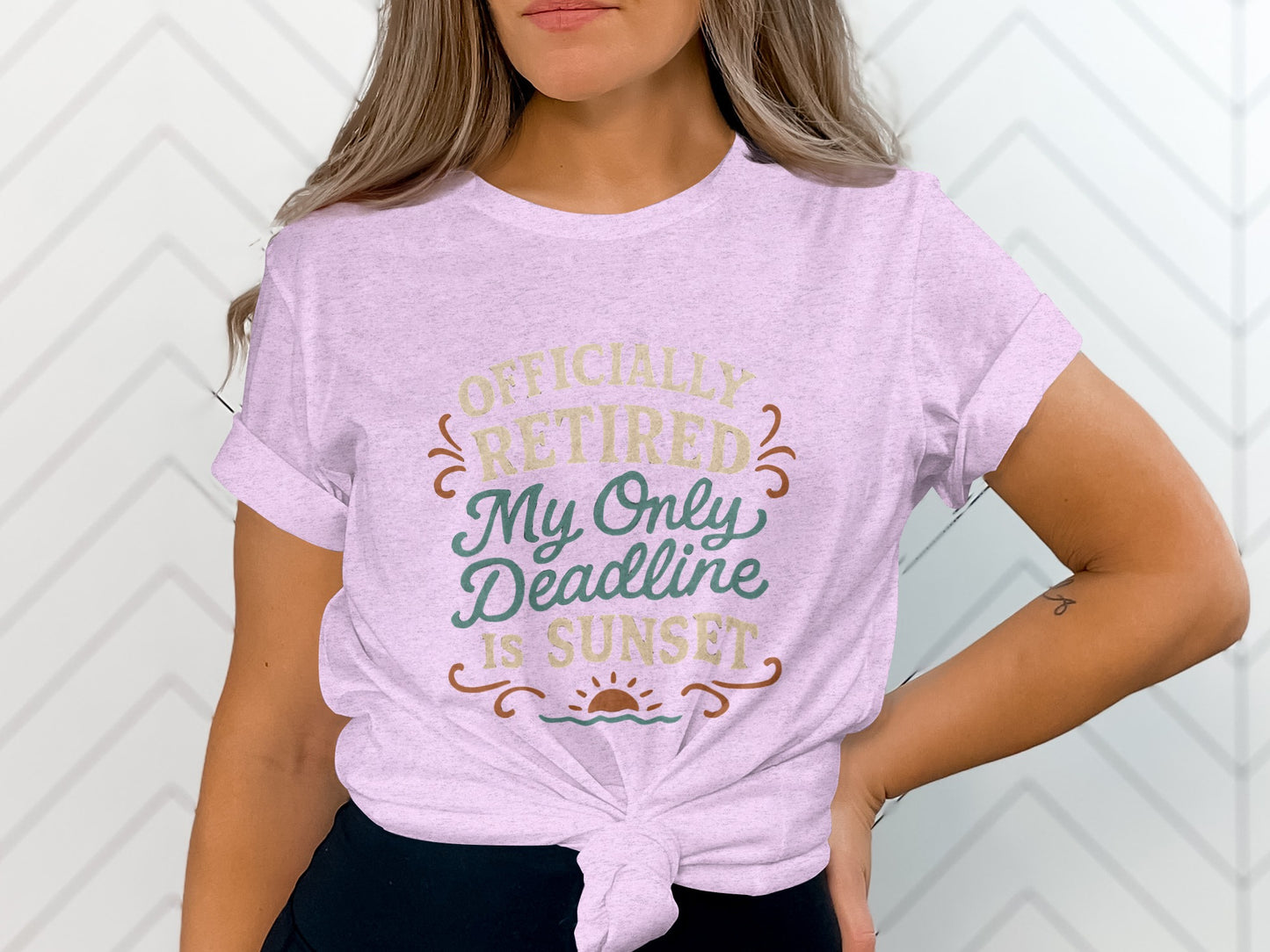 Officially Retired Deadline Sunset | Retirement Gifts | Soft Color Bella T-Shirts - Retiree Gifts Retirement Party