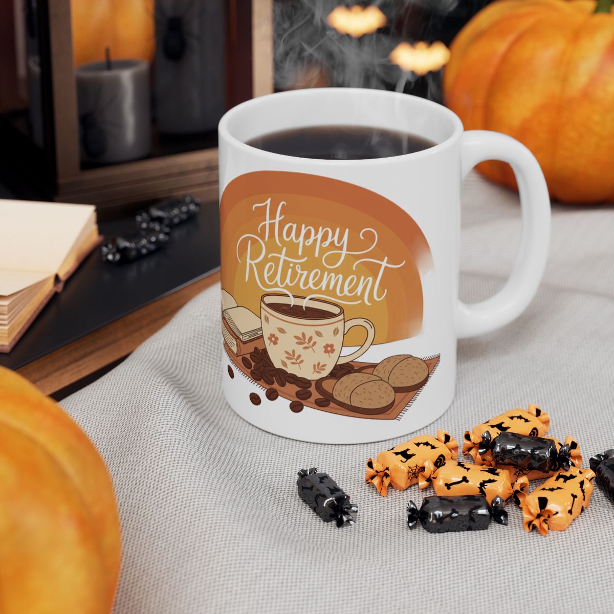 Happy Retirement Coffee Mug with Autumn Decor Design