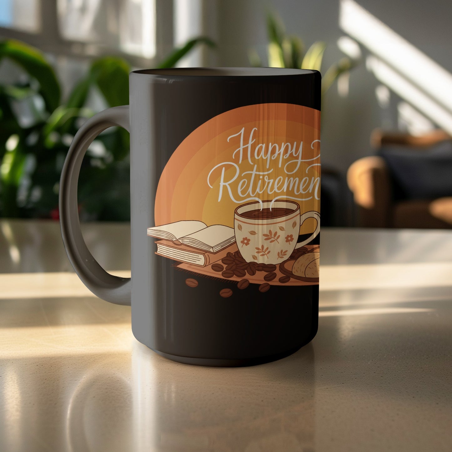 Happy Retirement Mug with Coffee Beans and Book Design