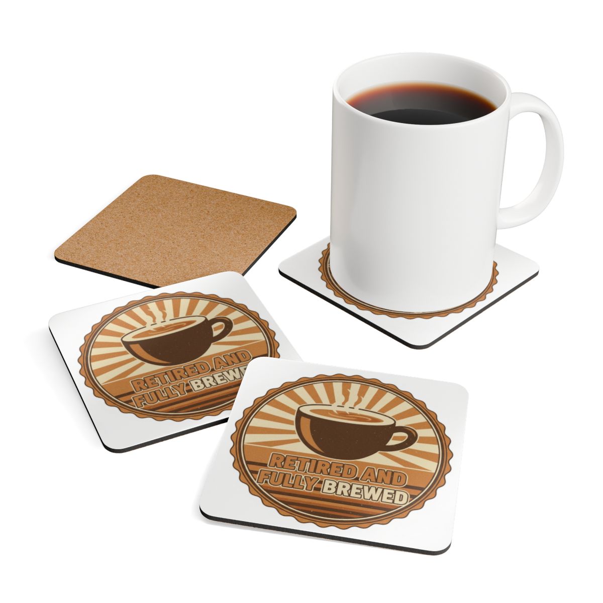 Retired and Fully Brewed coffee themed coaster set