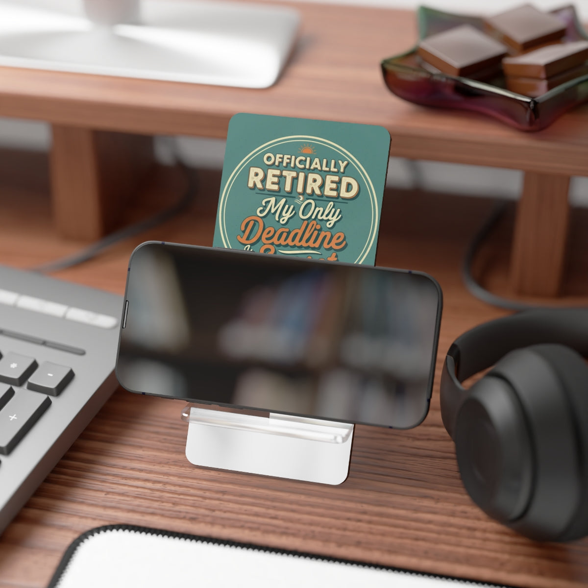 Officially Retired My Only Deadline Is Sunset | Funny Retirement Tagline | Personalized Phone Stand or Phone Charger - Retiree Gifts Retirement Party