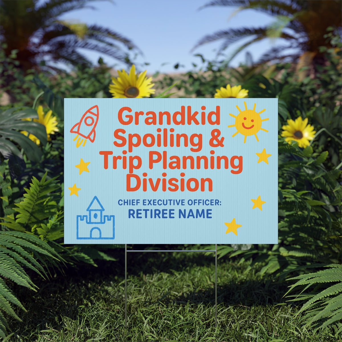 Grandkid Spoiling Trip Planning Retiree Name Large Vinyl Banner or Yard Sign - Retiree Gifts Retirement Party