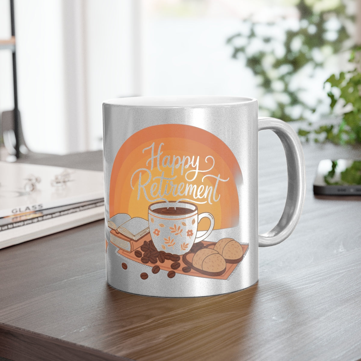 Happy Retirement Mug with Coffee Cup and Book Design