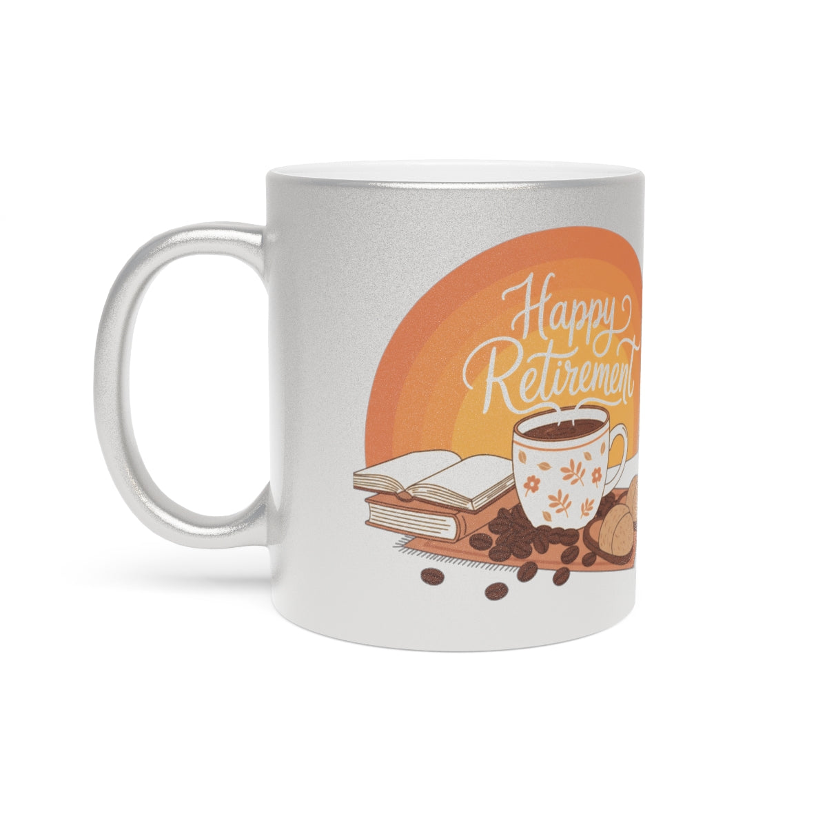 Happy Retirement Coffee Mug with Books and Coffee Beans