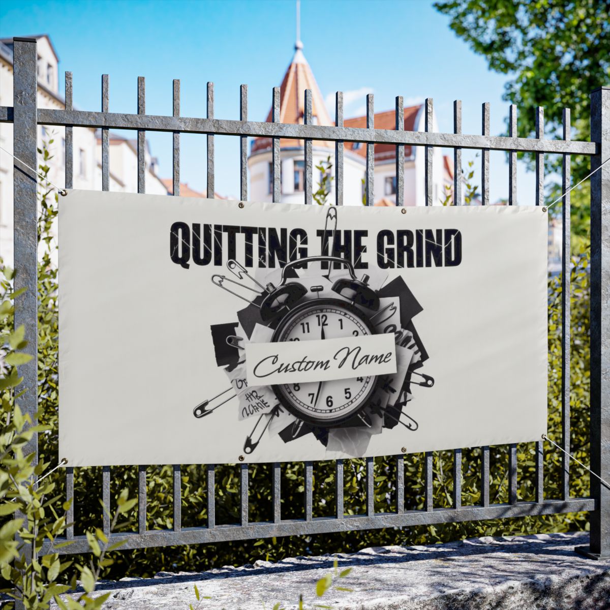 Quitting The Grind Clock with Pins on Paper Vinyl Banner or Yard Sign - Retiree Gifts Retirement Party