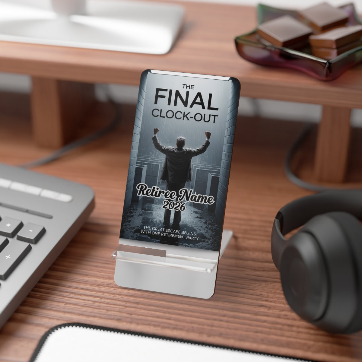 The Final Clock-Out | Escape Begins with One Party | Personalized Mobile Phone Display Stand - Retiree Gifts Retirement Party