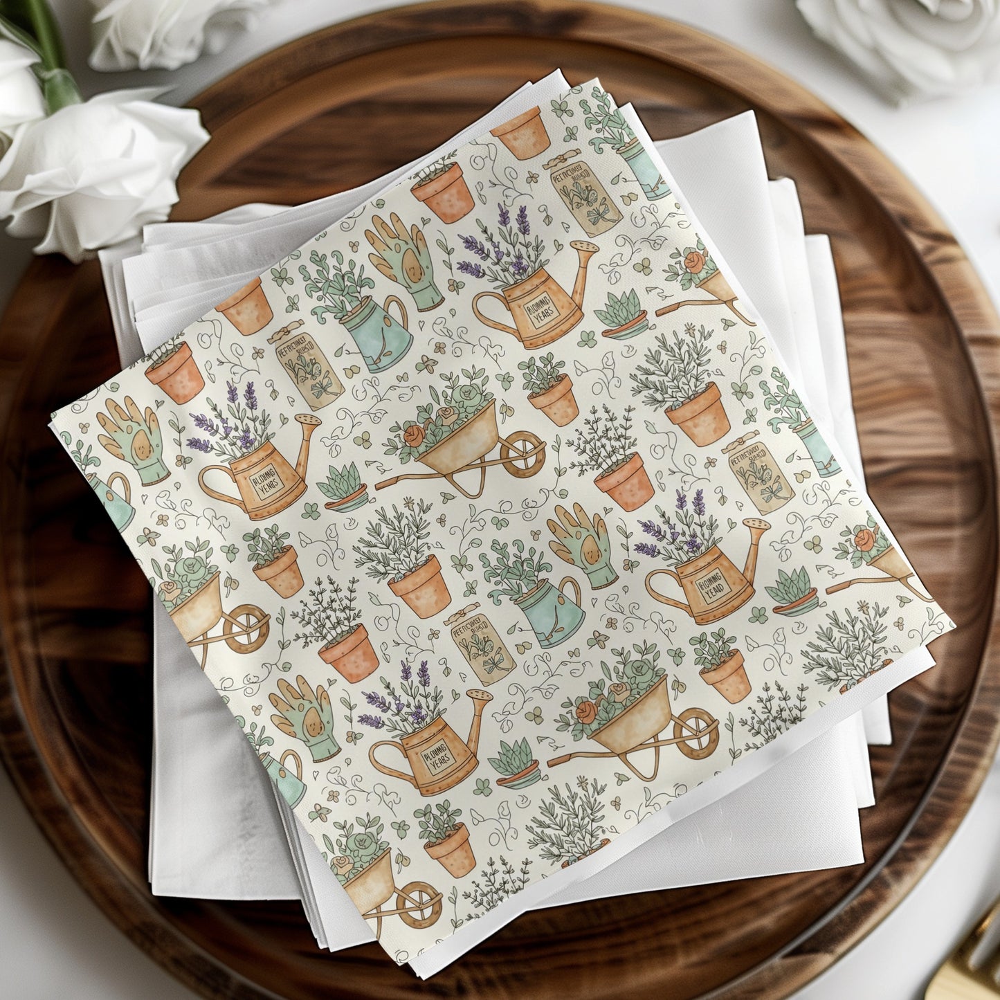 Beautiful Garden Tools and Flowers Patterned Napkins