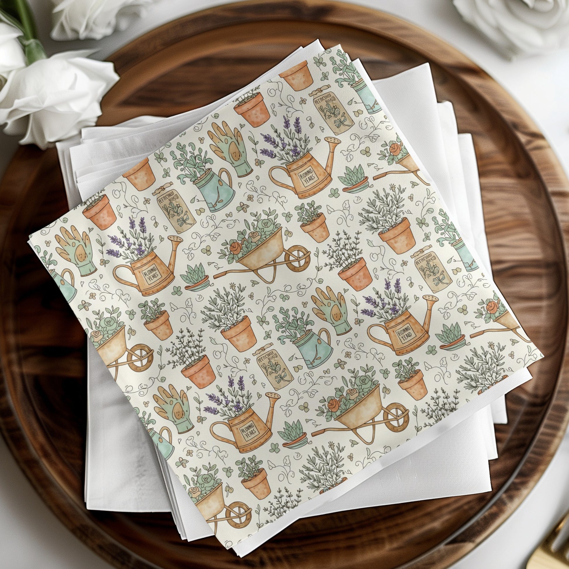 Beautiful Garden Tools and Flowers Patterned Napkins