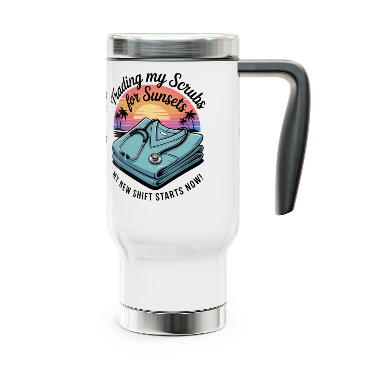 Personalized Retirement Travel Mug (Tumbler) – “Trading My Scrubs For Sunset Retiree” - Retiree Gifts Retirement Party