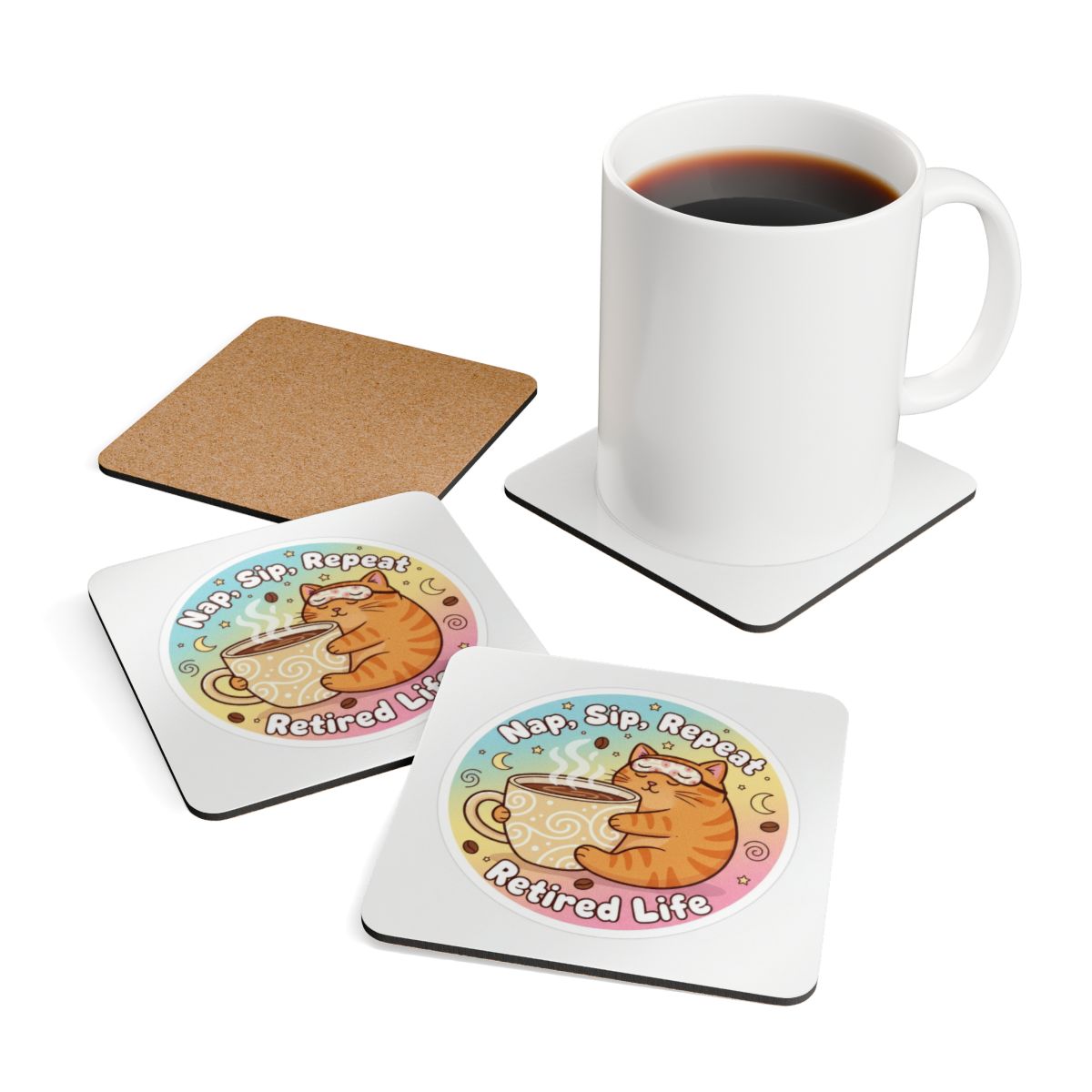 Nap Sip Repeat Retired Life Square Coasters Set