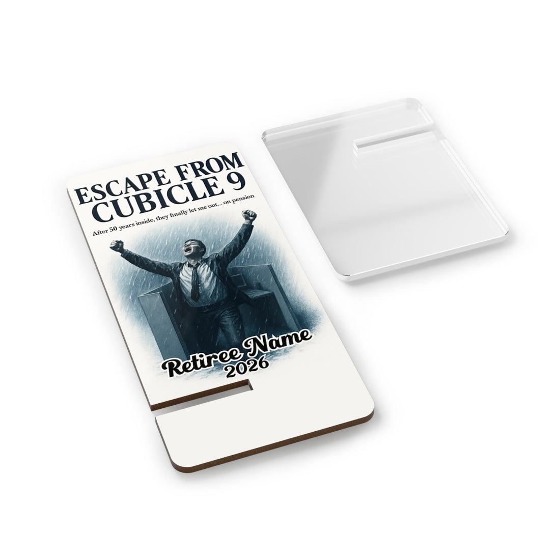 ESCAPE FROM CUBICLE 9 | After 50 Years on Pension | Personalized Mobile Phone Display Stand - Retiree Gifts Retirement Party