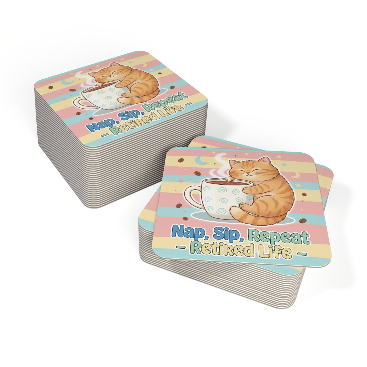 Nap Sip Repeat Retired Life Cat Coasters Set