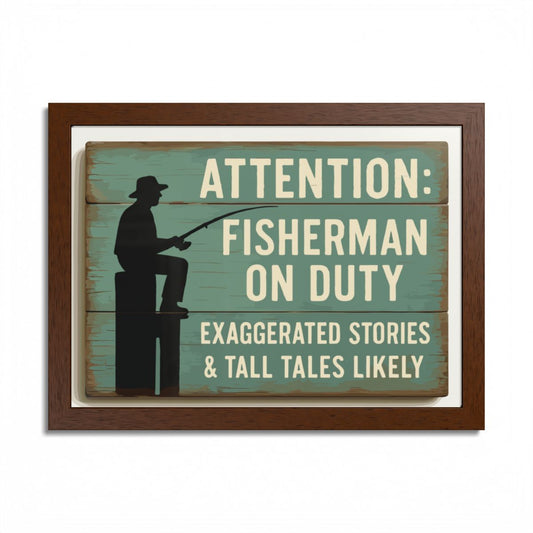 Attention Fisherman On Duty Sign Exaggerated Stories Framed Art Posters - Retiree Gifts Retirement Party