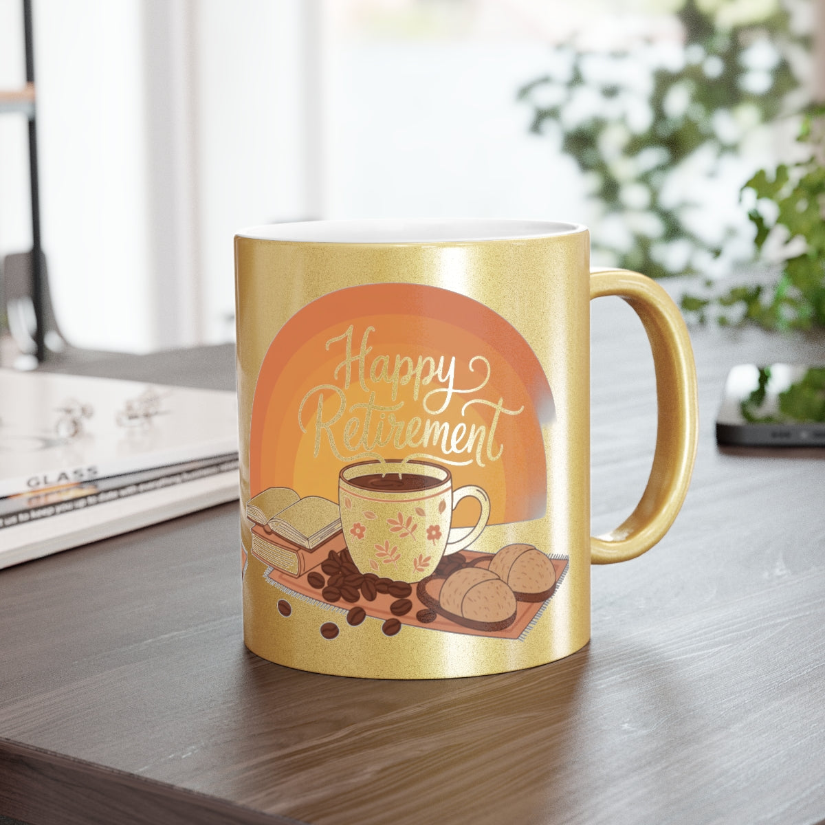 Happy Retirement Mug with Coffee and Cookies Design