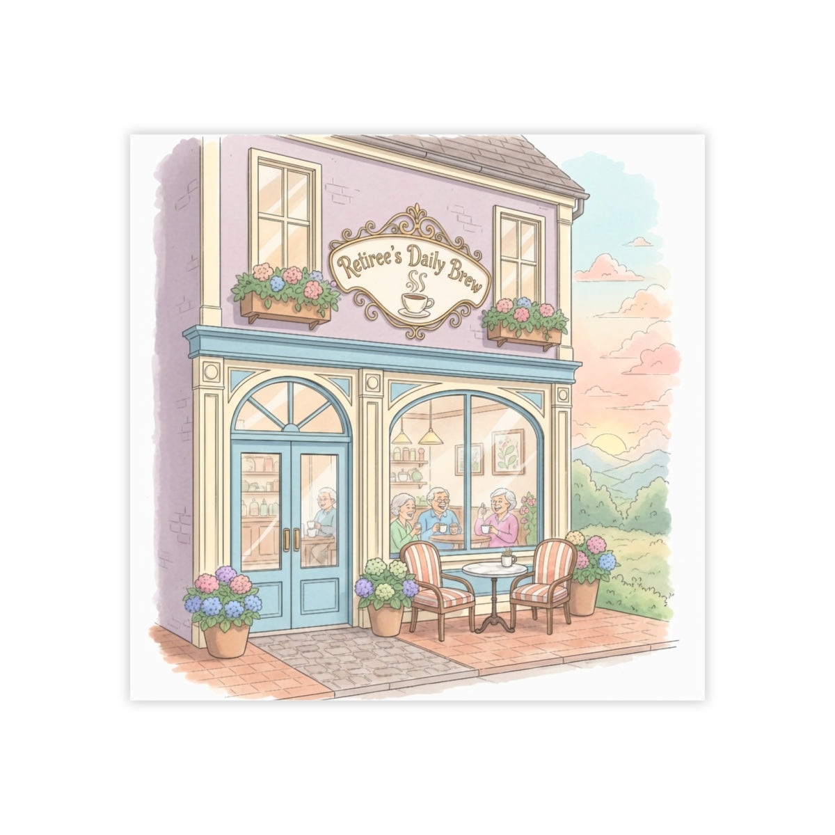 Retiree's Daily Brew Cafe Cozy Art Print Wall Decor