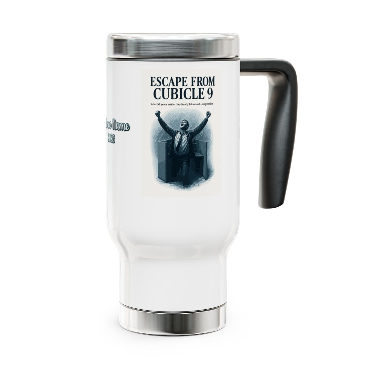 ESCAPE FROM CUBICLE 9 After 50 Years on Pension | 14oz Travel Mug Tumblers - Retiree Gifts Retirement Party